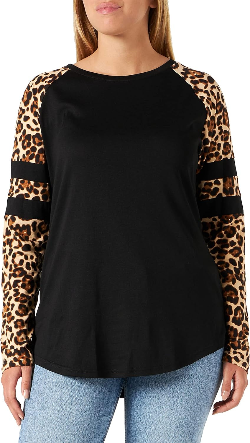 Women'S Long/Short Sleeve Leopard Print Color Block Tunic Tops Casual Raglan Shirt